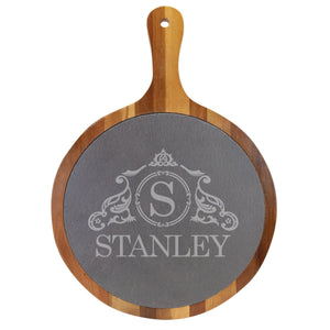 Personalized Acacia Wood & Slate Round Serving Tray (14 1/2" x 10 1/2") Cutting Board Hailey Home 