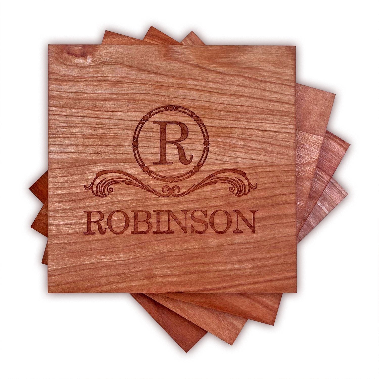 Personalized Cherry Wood Square Coaster Set – Hailey Home