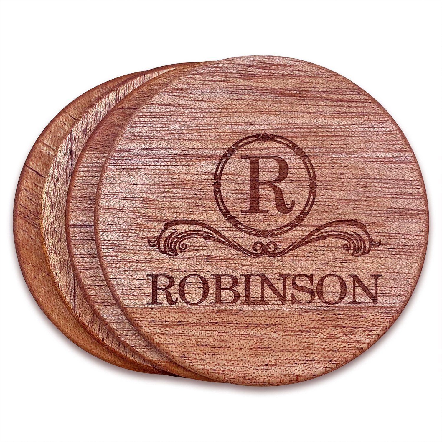 Personalized Mahogany Wood Round Coaster Set – Hailey Home