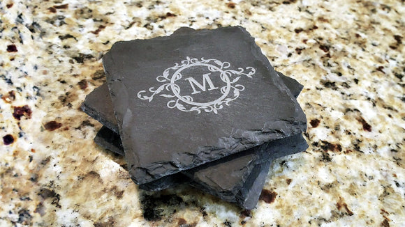 Set of 8 Floral Monogram Engraved Slate Coasters 4