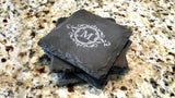 Set of 8 Floral Monogram Engraved Slate Coasters 4" x 4" Monogram Slate Coaster Hailey Home 