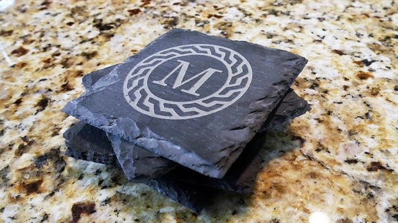 Set of 8 Geometric Monogram Engraved Slate Coasters 4