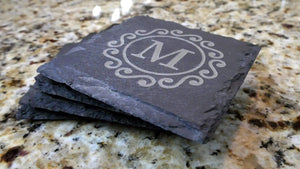 Set of 8 Swirls Monogram Engraved Slate Coasters 4" x 4" Monogram Slate Coaster Hailey Home 