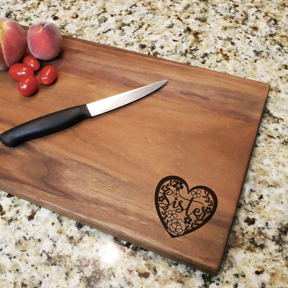 Sister Floral Heart - Engraved Walnut Cutting Board (11