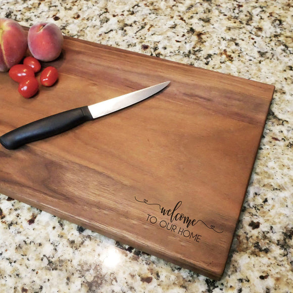 Welcome To Our Home Cursive - Engraved Walnut Cutting Board (11